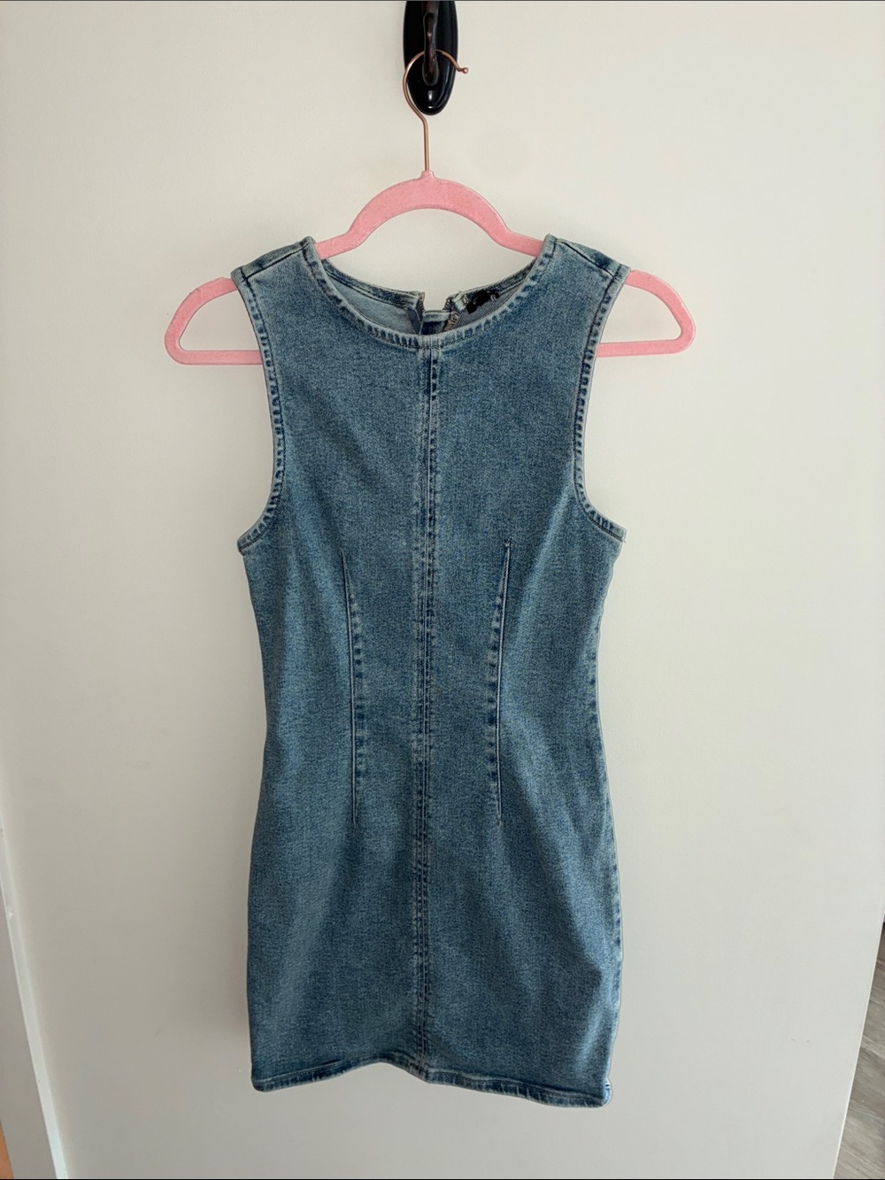 Express Light Wash Denim Dress - Pink Accent